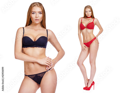 Two young blonde women posing in underwear
