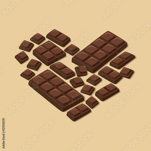 Heart Dark Chocolate Bar pieces forming heart shape in brown background Vector illustration