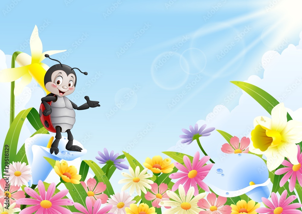 Fototapeta premium Cartoon ladybug in the flower field