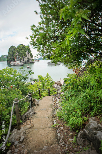The view from one of 1600 islands in Ha Long Bay, Vietnam. Cruise ships wait in the distance.