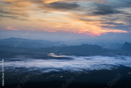 Mountain with mist at sunrise  Phu Kradueng national park  Loei Thailand.