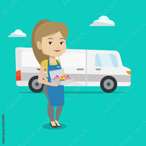 Baker delivering cakes vector illustration.