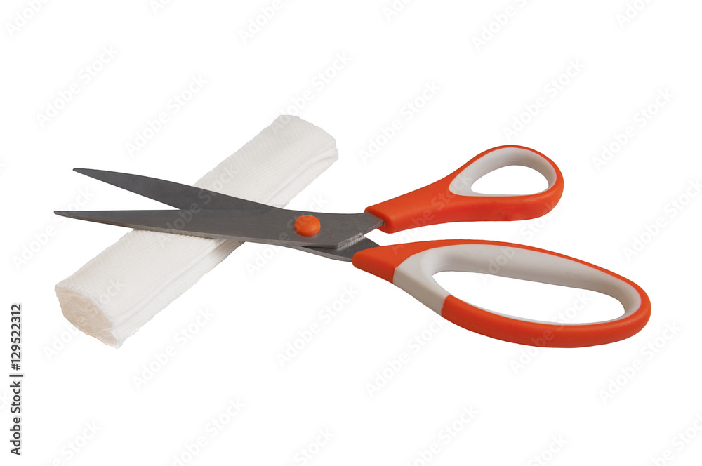 scissors and bandage on a white background scissors and bandage on a white background