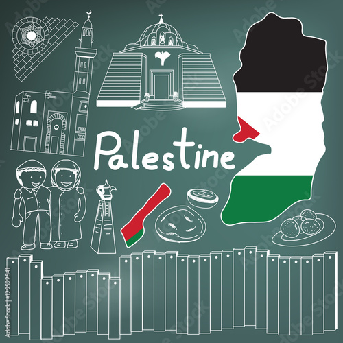 Travel to Palestine doodle drawing icon. Doodle with culture, costume, landmark and cuisine of Palestine with friendly Israel tourism concept in blackboard background, create by vector  