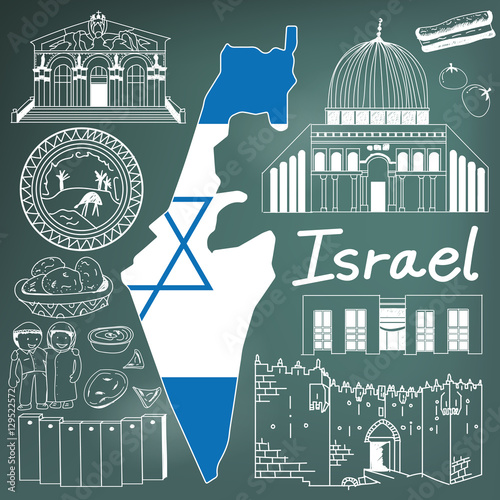 Travel to Israel doodle drawing icon. Doodle with culture, costume, landmark and cuisine of Israel with friendly Palestine tourism concept in blackboard background, create by vector  