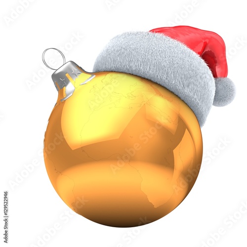 3d illustration of golden Christmas ball over white background with earth map and Christmas hat