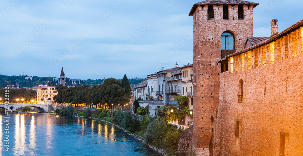waterfront of Adige river in Verona in evening