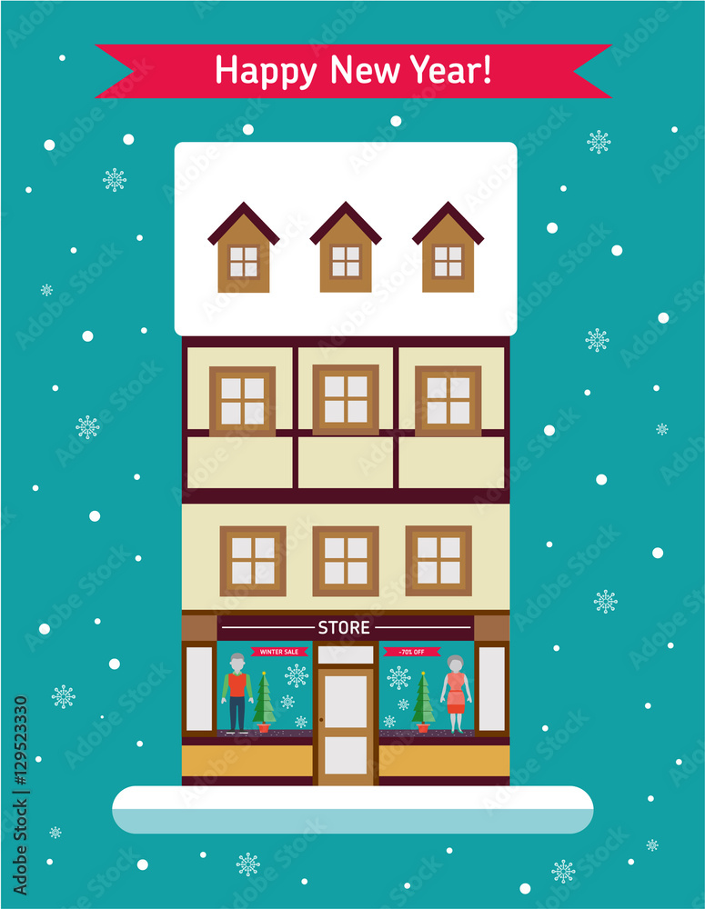 Pretty house in Europe of a clothing store on the ground floor in the winter with a Christmas tree. Winter sale. New year background. Promotion store. Sale up to 70%. Flat style design. Winter fair.