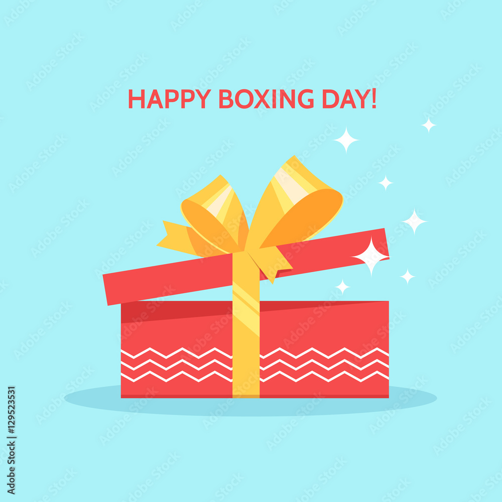 Boxing day design with open red gift box christmas present on blue