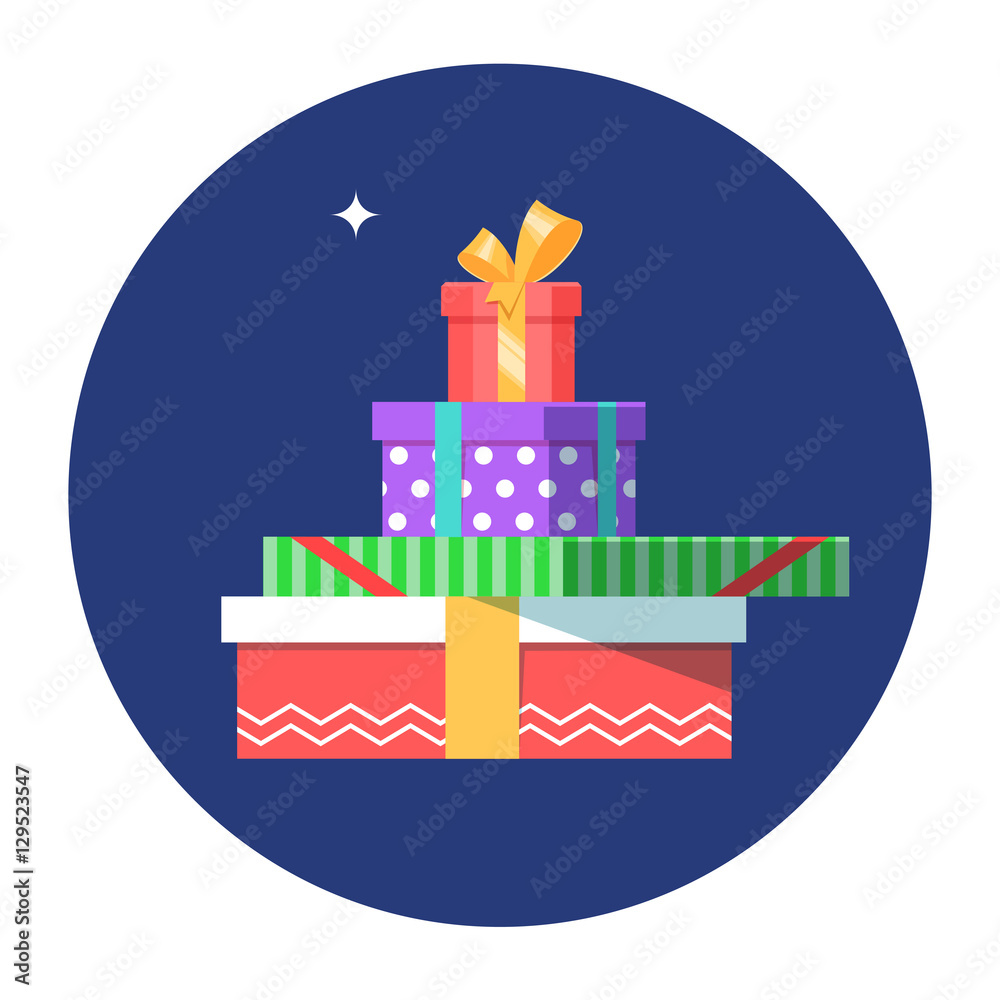Lots of color gift boxs present surprise with bow on white background. Vector illustration flat color style. Vector illustration flat color style Lots of color gift boxs present surprise with bow on white background. Vector illustration flat color style. Vector illustration flat color style