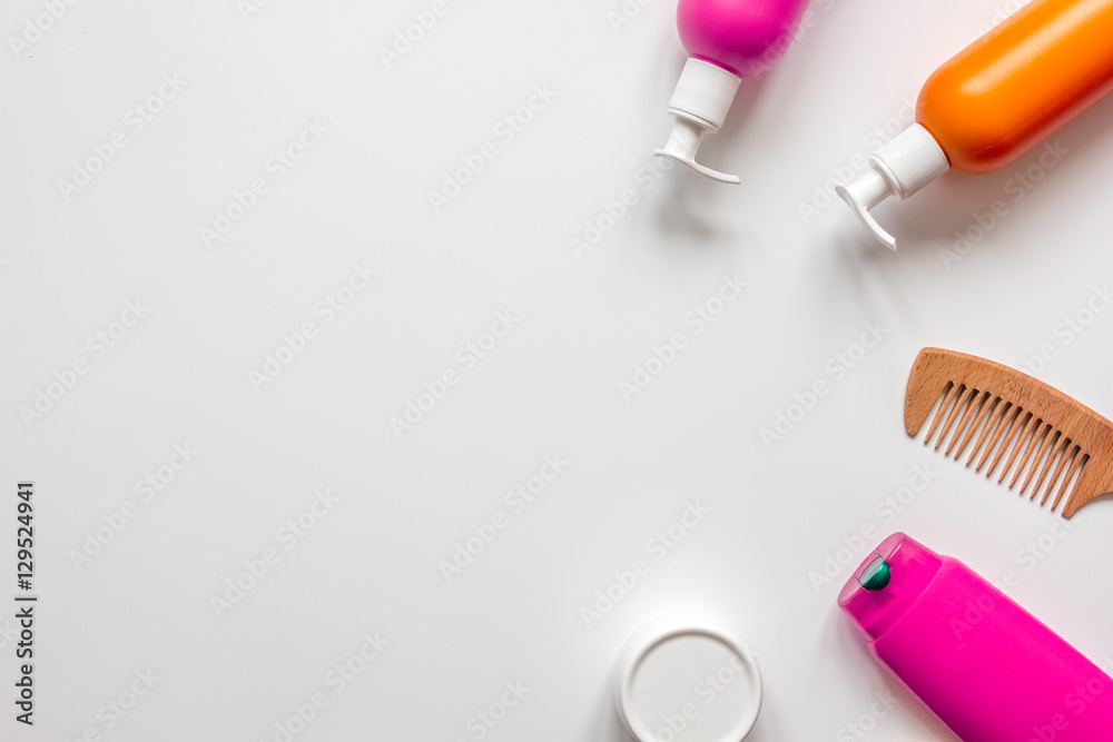 womens haircare spa in bottle on white background top view womens haircare spa in bottle on white background top view