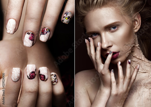 Beautiful girl with creative make-up art and design manicure. The beauty of the face. Photos shot in the studio.