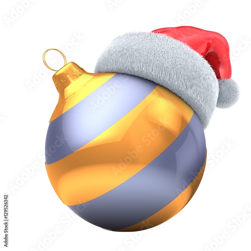 3d illustration of violet Christmas ball over white background with golden line and Christmas hat