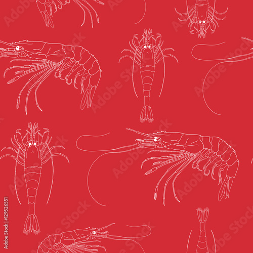 Seamless pattern from hand drawn shrimps isolated on a red background