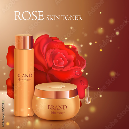 Skin toner contained in bottle and cosmetic jar. Vector illustration
