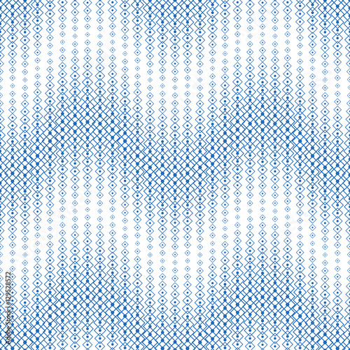 Monochrome seamless pattern on a white background. Has the shape of a wave. Consists of geometric elements. In blue. Useful as design element for texture and artistic compositions.