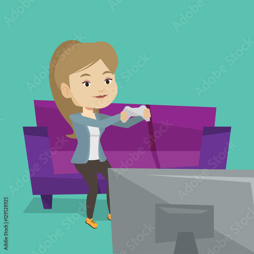 Woman playing video game vector illustration.