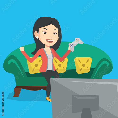 Woman playing video game vector illustration.