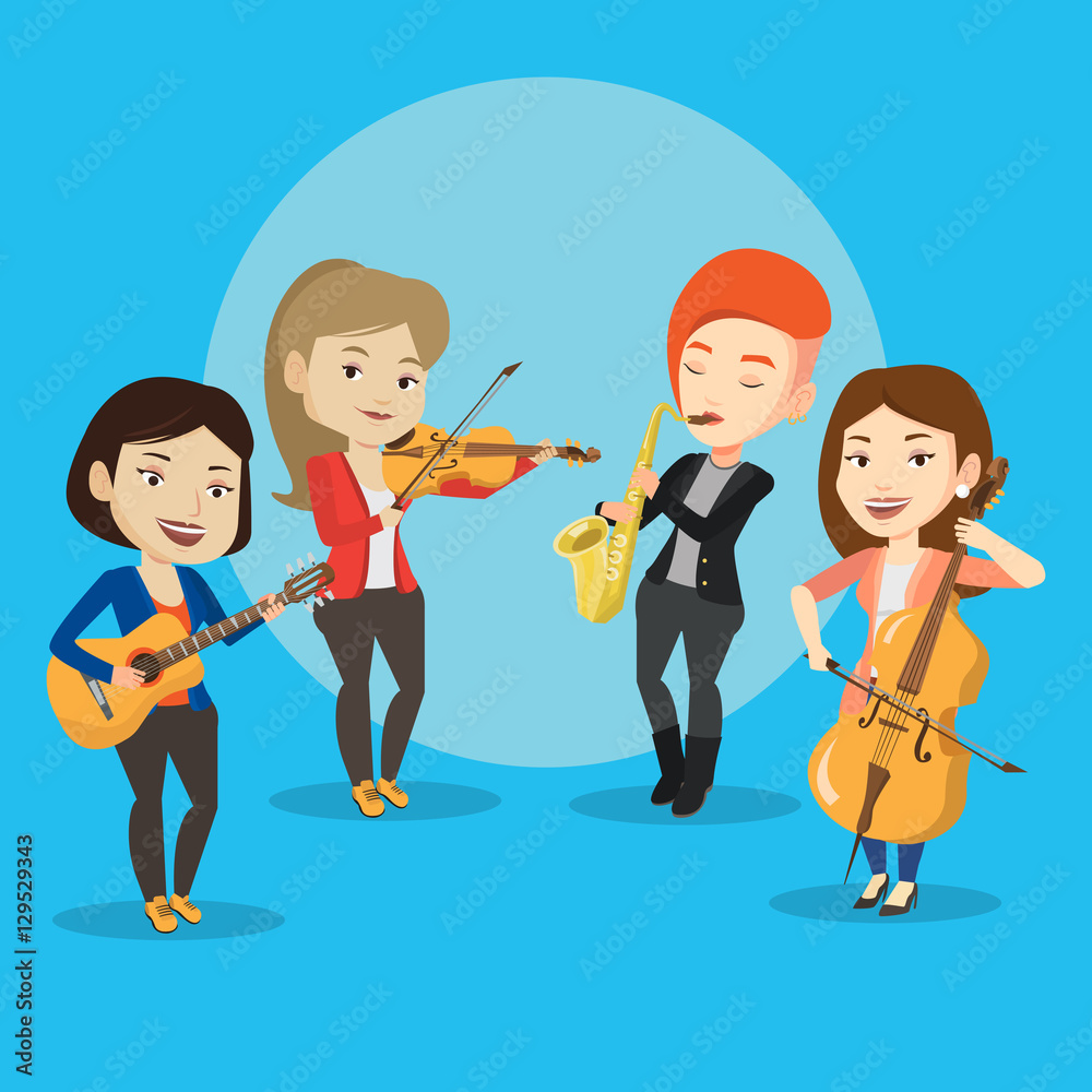 Band of musicians playing on musical instruments. Band of musicians playing on musical instruments.