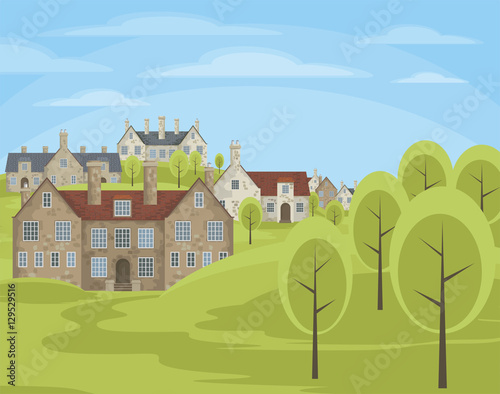 Image of small English villages with old stone houses. Rural landscape. Vector illustration.