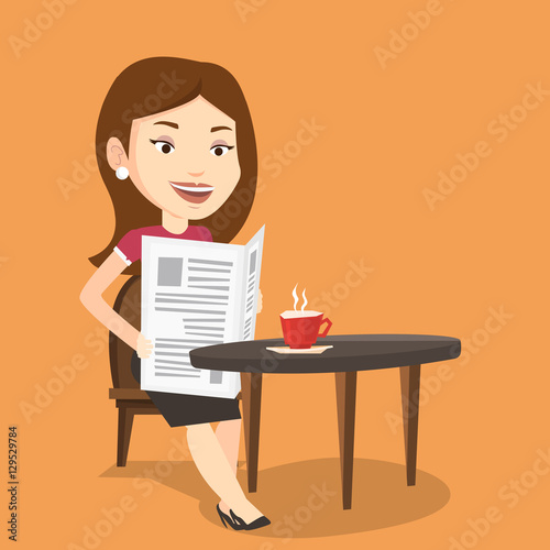 Woman reading newspaper and drinking coffee.