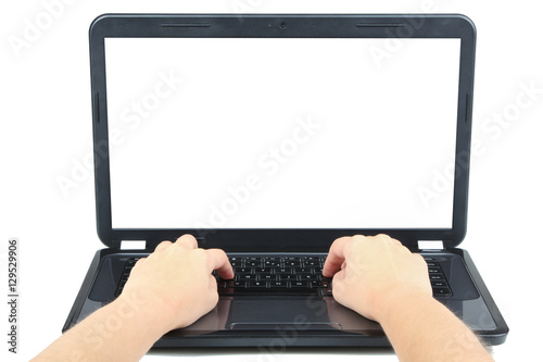 Hands on the laptop keyboard. Isolated on white background.