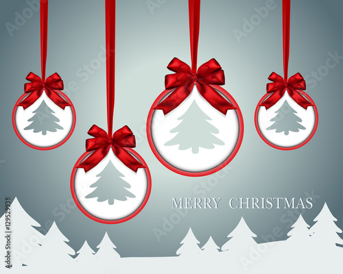 Christmas paper card with red bow ribbon. Winter background 2017. Vector illustration.
