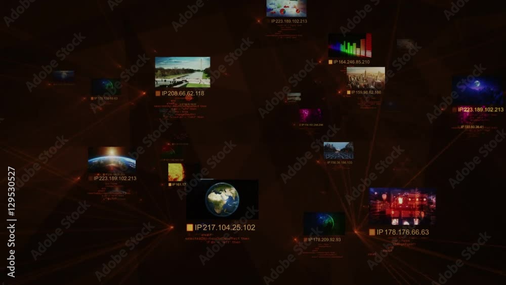 Network connections with multiple themed videos and IP numbers. Cyan and black.
