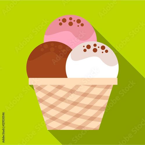 Mixed ice cream scoops in waffle bowl icon. Flat illustration of mixed ice cream scoops in waffle bowl vector icon for web isolated on lime background