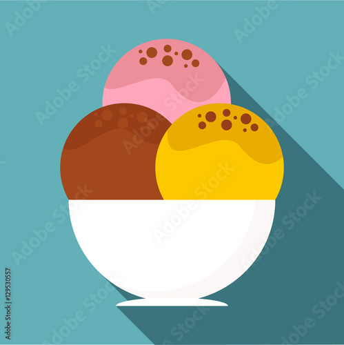 Three scoops of chocolate, strawberry and vanilla ice cream in bowl icon. Flat illustration of three scoops of ice cream in bowl vector icon for web isolated on baby blue background