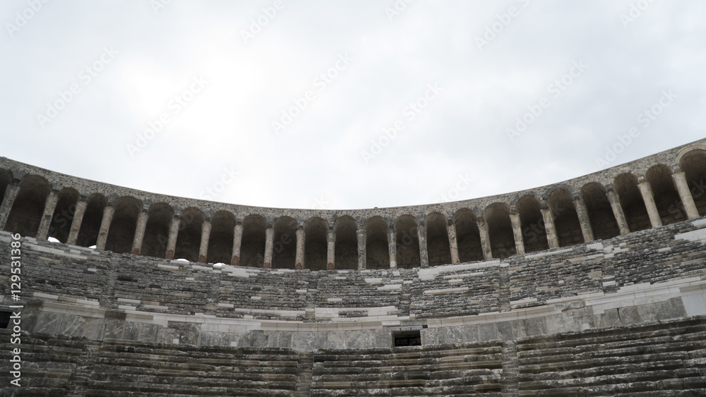 Obraz premium Detail view of historical old ancient city of Aspendos amphitheater in Antalya.- TURKEY