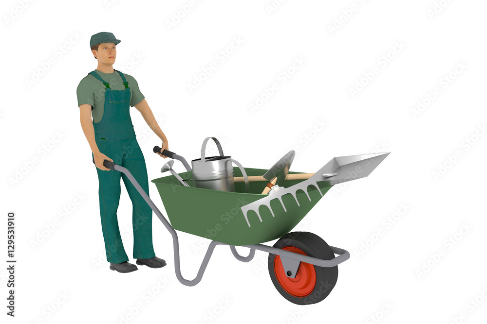 Gardener with wheelbarrow and tools, 3d illustration Gardener with wheelbarrow and tools, 3d illustration