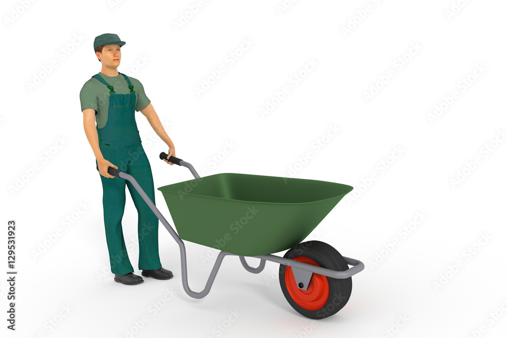 Construction worker with wheelbarrow, 3d illustration Construction worker with wheelbarrow, 3d illustration
