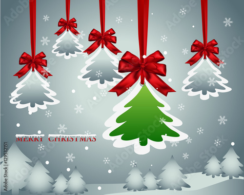 Christmas paper card with hanging red bow ribbon and tree, Snow falling. Winter background. Vector illustration.