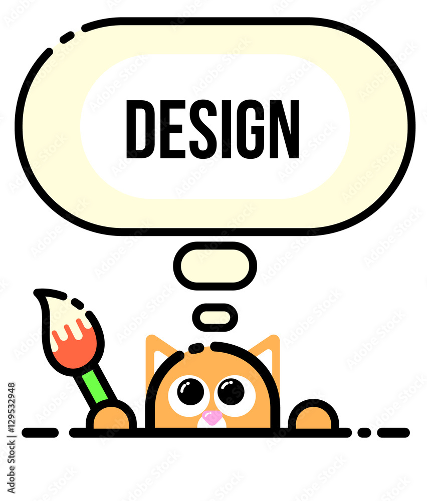 Cat with painting brush. Text box. Flat line style. Vector illustration. Icon concept