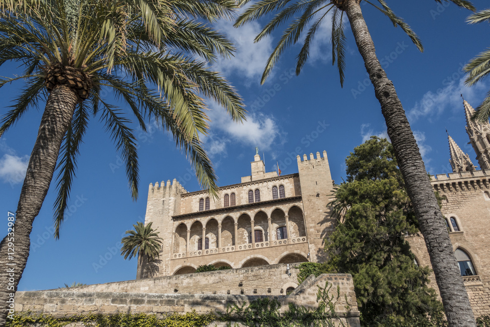 Fototapeta premium SPAIN, MAJORCA, PALMA DE MAJORCA 29-11-2016. Palace Almudaina the historic center of Palma today houses the military command and the private suites of the Spanish king when he visits the island.