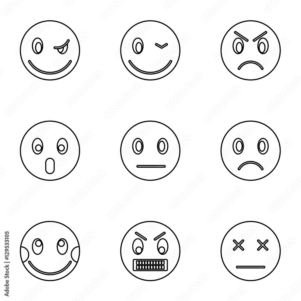 Emoticons icons set. Outline illustration of 9 emoticons vector icons for web Emoticons icons set. Outline illustration of 9 emoticons vector icons for web