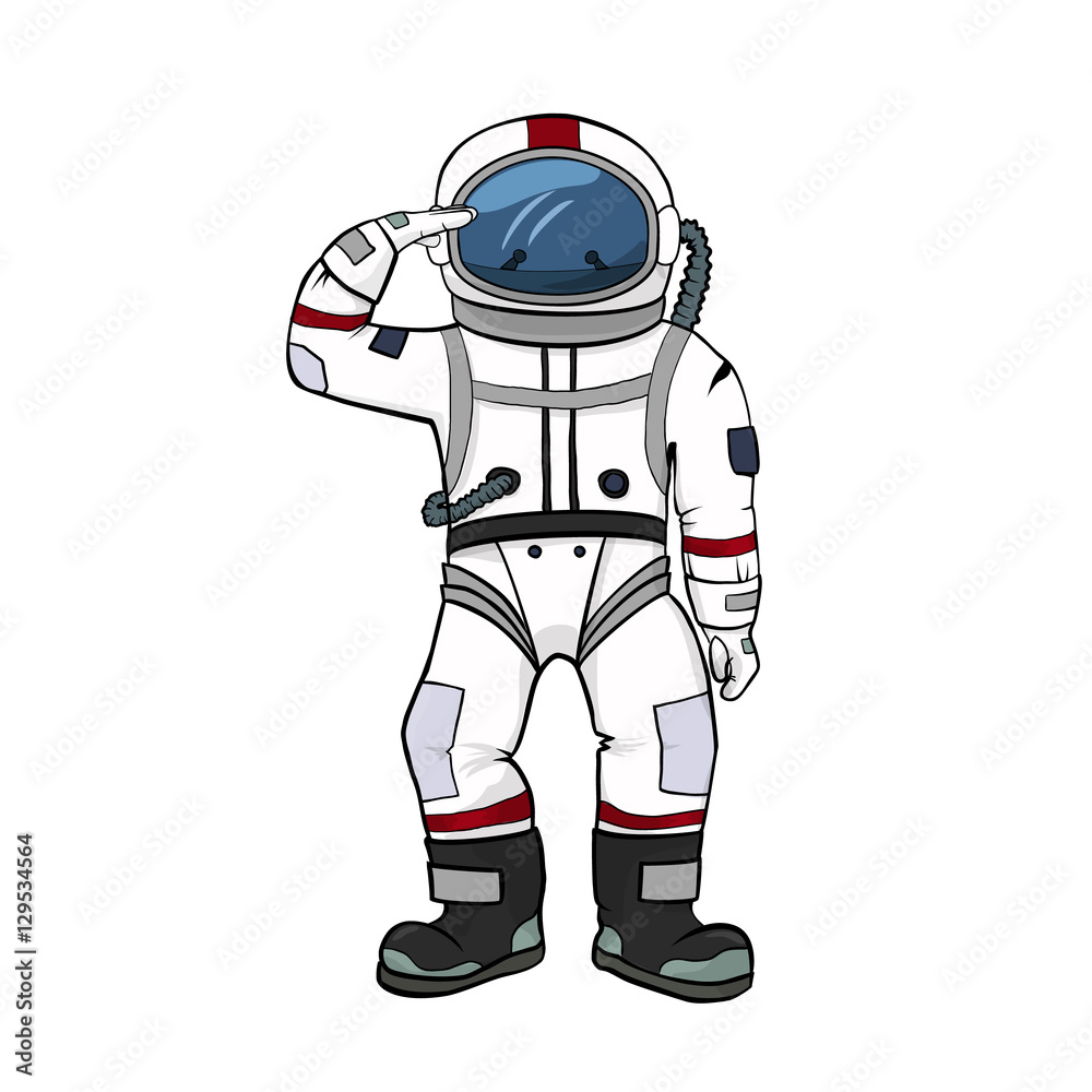 Obraz premium Astronaut salutes white background isolated. Spacesuit color illustration. Spaceman equipment