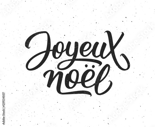 Joyeux Noel calligraphic text on white textured background. Vector vintage greeting card for Merry Christmas with french lettering