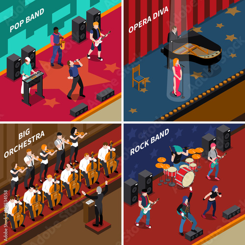 Musicians People Isometric 2x2 Icons Set