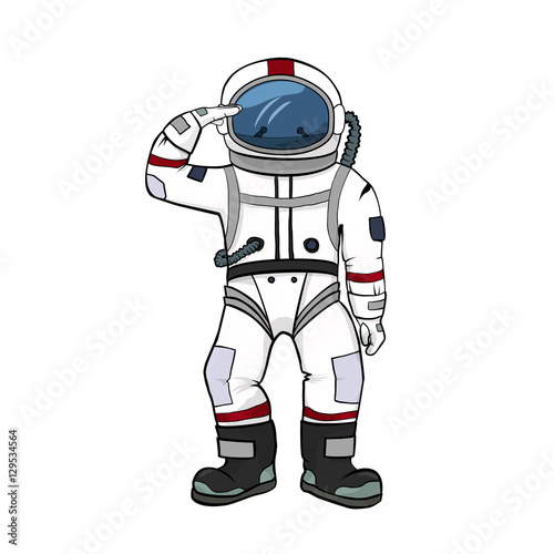 Astronaut salutes white background isolated. Spacesuit color illustration. Spaceman equipment