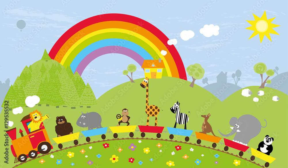 wild animals train and rural landscape with rainbow / vectors wild animals train and rural landscape with rainbow / vectors