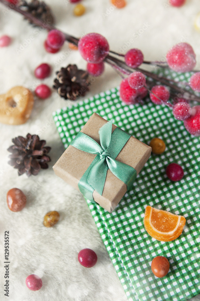 Christmas composition, gift box. Still life with snow