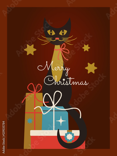 Merry Christmas greeting card design with cat, presents and stars, mid-century modern style inspired color palette, flat vector illustration
