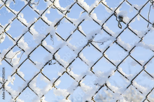 Snow on the frosty steel fence in winter after blizzard. Background.