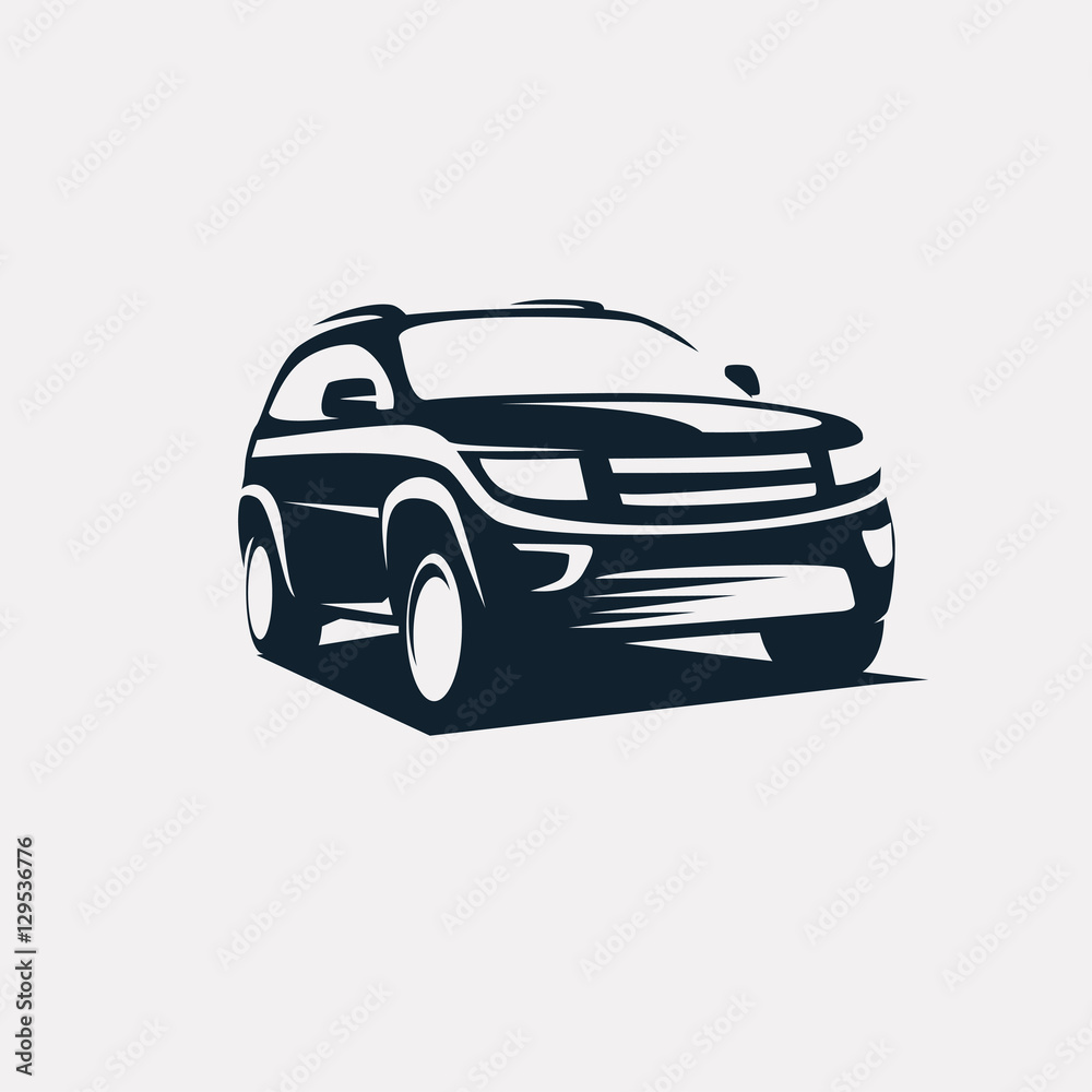 Naklejka premium nowoczesny szablon logo suv, sylwetka wektor stylizowany samochód terenowy