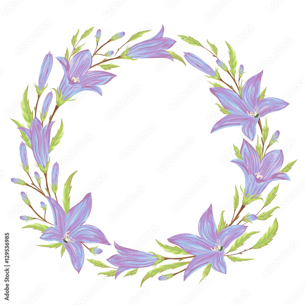 Wreath with blue bluebells flowers. Collection floral design elements for wedding invitations and birthday cards. Isolated elements. Vintage vector illustration in watercolor style.