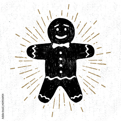 Hand drawn label with textured gingerbread man vector illustration.
