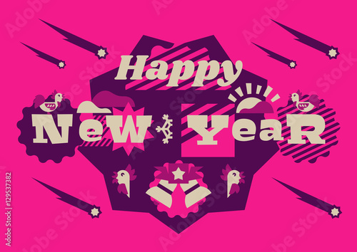 Wallpaper Mural Greeting card happy new year. Typographical printing. Year of the rooster. Sunrise, clouds, stars. Animals and letters. Bells, ribbon. Label, isolated objects on background. Vector illustration Torontodigital.ca