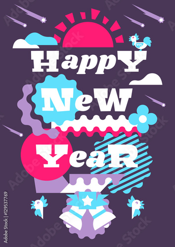 Greeting card happy new year. Typographical printing. Year of the rooster. Sunrise, clouds, stars. Animals and letters. Bells, ribbon. Label, isolated objects on background. Vector illustration